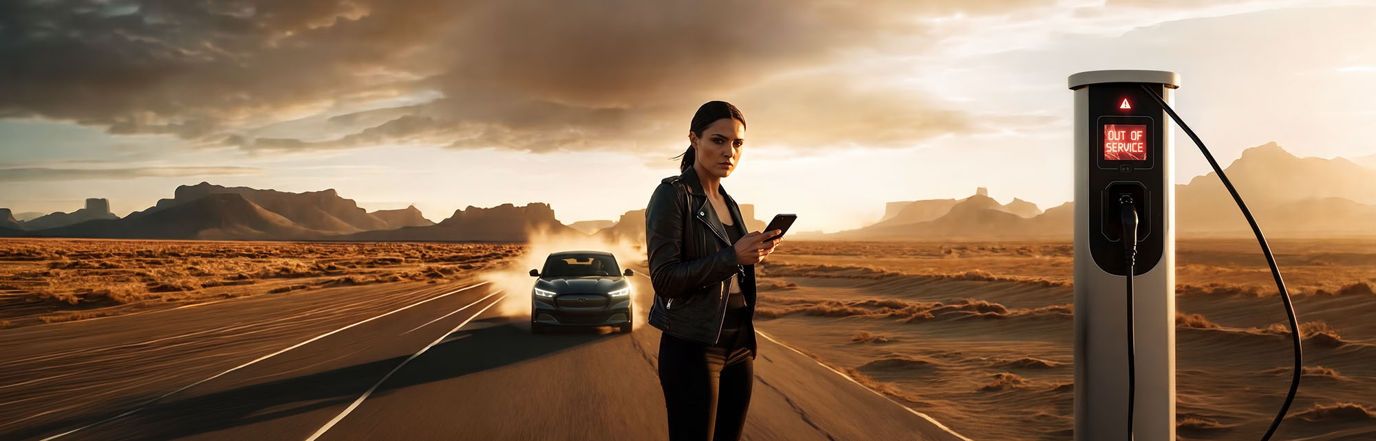 RoadToaster hero artwork showing a broken charger in a desert and the need for backup chargers.